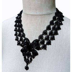 Erica Lyons Black Gothic Metal Bow intricate Triple Row Necklace Signed